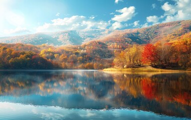 Calm lake reflecting vibrant autumn foliage on rolling hills.