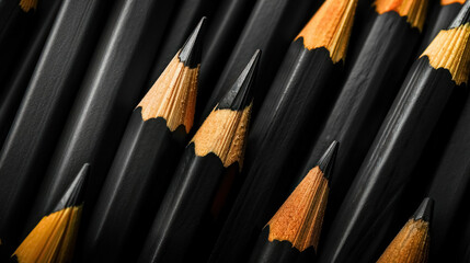 close up of black pencils with yellow tips on a dark background