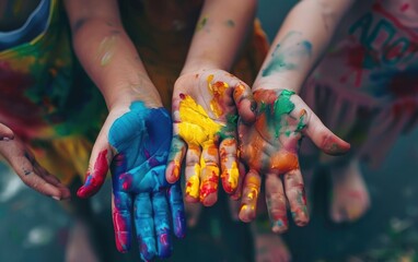 Children showing colorful painted hands, joyful and playful.