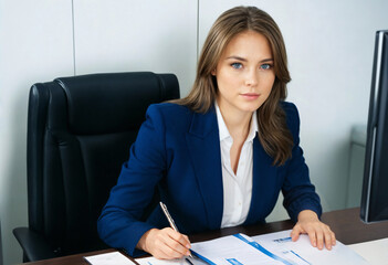 Businesswoman in Blue Suit Working at Desk