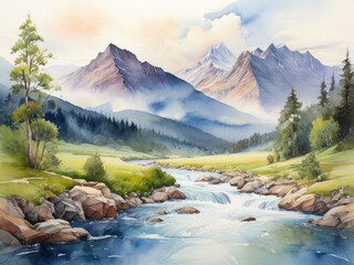 Landscape art painting. Scenic nature view.