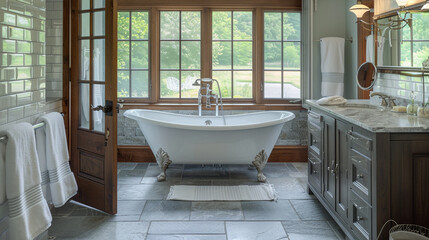 Interior bathroom photography with glass doors subway tile freestanding tub and pedestal sink slate floors granite counter towels claw footed bathtub and view windows