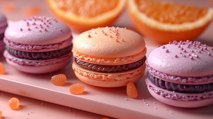 Fototapeta premium assorted colorful macarons on a pink tray with orange slices and sprinkles