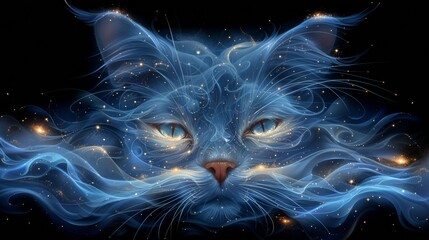 A blue cat with glowing eyes and a swirl of smoke, AI