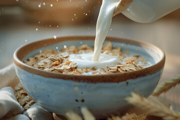 close up of milk being poured into a bowl of oats