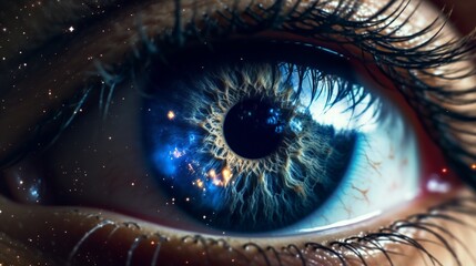 Close-up of human eye with blue iris.