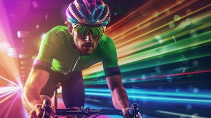 dynamic image of a cyclist in the sprinter green jersey with neon lights, tour de france banner concept