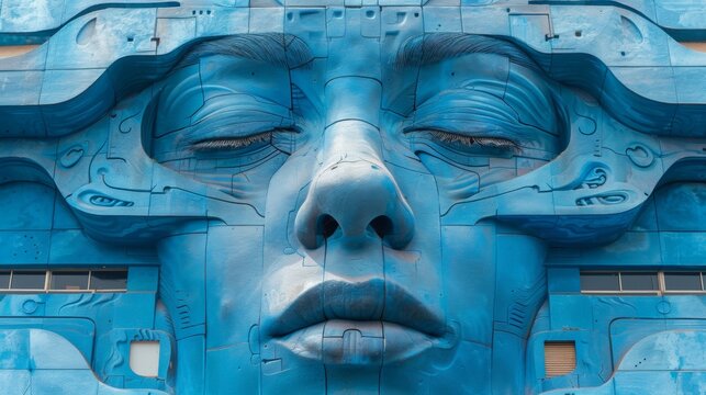 A blue sculpture of a face with eyes and mouth, AI