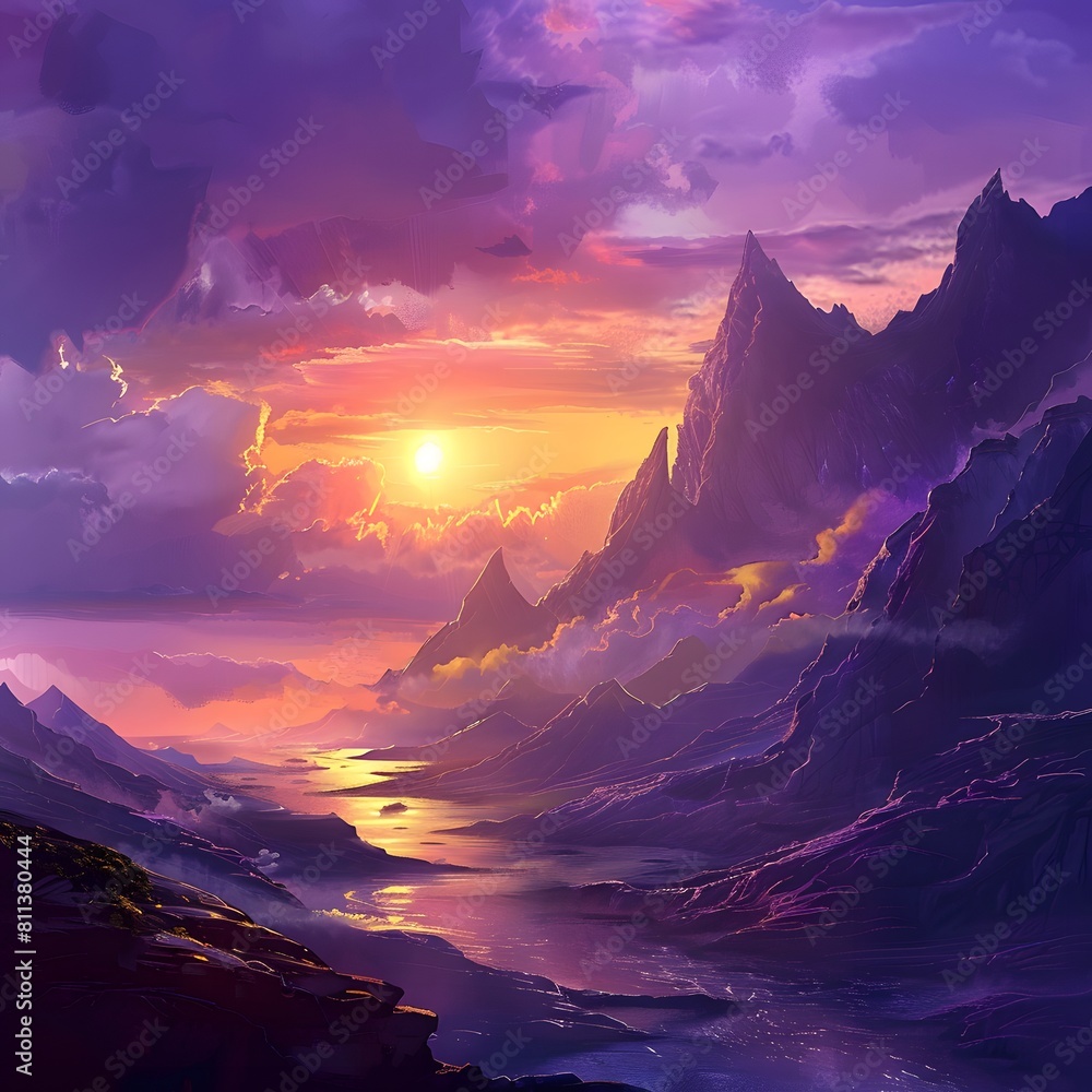 Poster a beautiful mountain landscape with a river running through it. the sky is filled with clouds and th