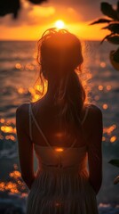 woman back view portrait sunset seascape, vertical 9:16 ratio background, beautiful nature , Generative Ai