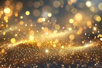 A blurry image of gold glitter with a star in the center. The image is a representation of the idea of a bright and shiny moment, possibly a celebration or a special occasion - obrazy, fototapety, plakaty