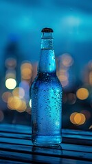 A clear glass bottle of cold alcoholic drink. Chilled glass bottle of light blue liquid on oak table with blurred background.