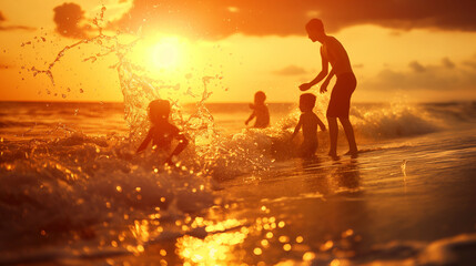 Fototapeta premium A captivating image of a family outing to the beach, with parents and children building sandcastles and splashing in the waves against a golden sunset. Dynamic and dramatic composi