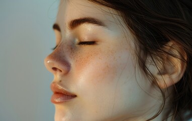 Close-up profile of a woman with closed eyes, showing serene facial features.