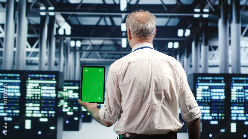 Poster tech savvy specialist expertly managing data while navigating through industrial supercomputers. exp