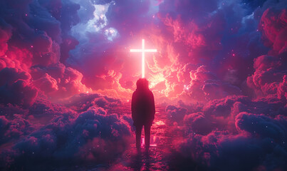 Silhouette of a Person Praying Beneath a Radiant Cross Amid Majestic Glowing Clouds at Twilight, Symbolizing Hope and Faith