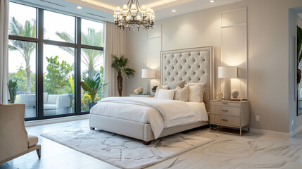 Florida, 12 March 2021: Luxurious Bright Bedroom With Comfortable King Size Bed and Modern Furniture. Template For Expensive Residential Mansion. Concept For Interior, Architecture And Lifestyle.