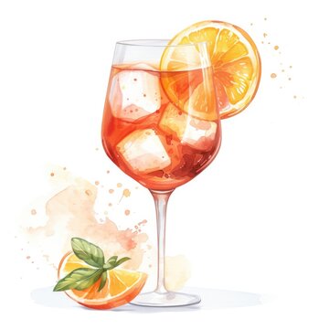 Watercolor Aperol Spritz cocktail illustration with orange, isolated on white background	
