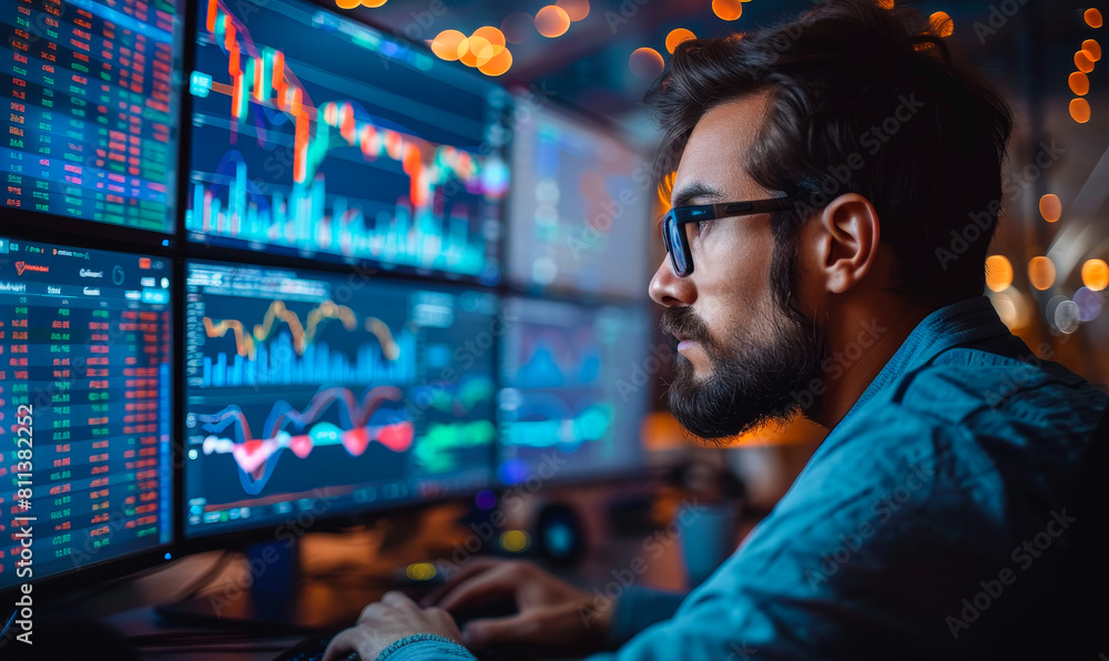Poster analyst monitoring stock market data, charts on multiple computer screens in dark office at night, p