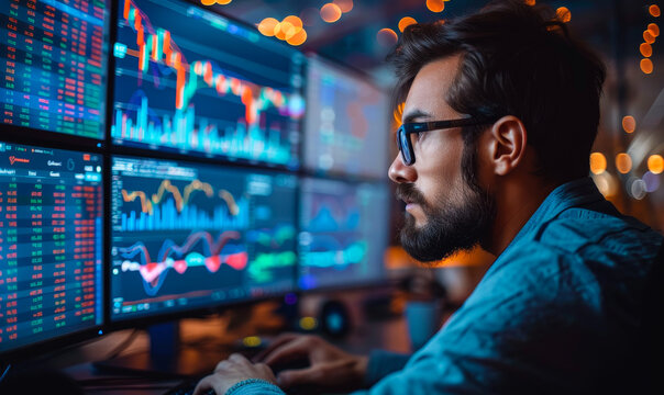 Analyst monitoring stock market data, charts on multiple computer screens in dark office at night, professional trader working late analyzing financial trading graphs, investing strategy research