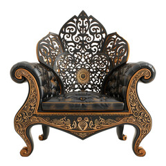 Majestic Ornate Black and Gold Throne with Intricate Design. Studio product photography for design and print
