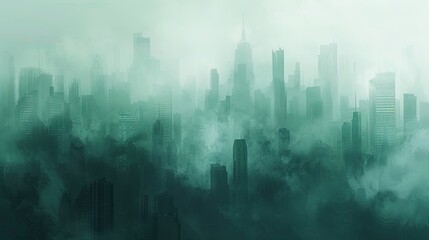 Fototapeta premium A city skyline is shown in a foggy, misty atmosphere. The buildings are tall and the sky is filled with clouds. Scene is one of mystery and uncertainty