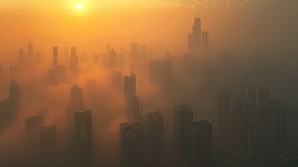 Naklejka premium Foggy city with a sun in the background. The sun is setting and the sky is orange