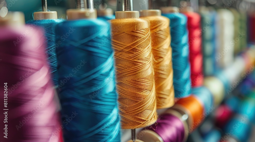 Poster a row of colorful spools of thread are displayed. the spools are of various colors, including blue, 