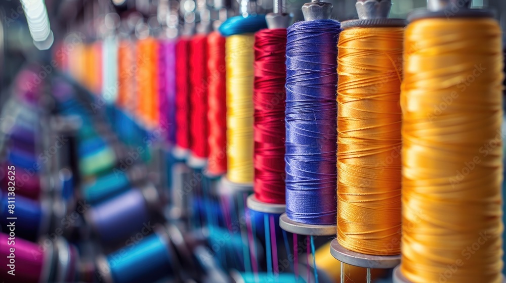 Poster a row of colorful threads hanging from a rack. the colors are bright and vibrant, creating a cheerfu