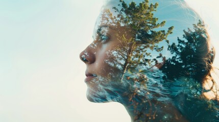 A happy double exposure of a woman's face reflecting trees with an electric blue sky. The art piece combines water, glass, visual arts, and fun fashion accessories.