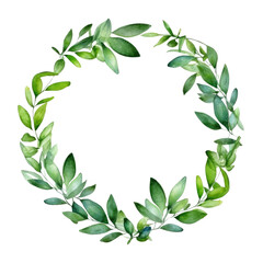 Circular watercolor foliage wreath with green leaves and yellow accents. Circle picture frame with green pastel leaves. Organic botany concept for eco-friendly branding and stationery design. AIG35.