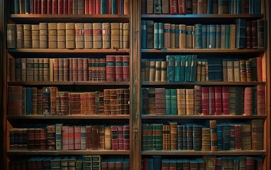 Dimly lit, vintage wooden bookshelves packed with colorful, well-worn books.