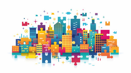 Illustration of a vibrant urban skyline composed of jigsaw puzzle pieces, symbolizing city complexity and diversity.