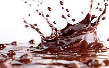Dynamic chocolate splash with soaring droplets on a white background.