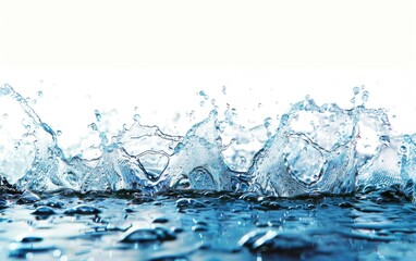 Dynamic splash of crystal clear blue water on a white background.