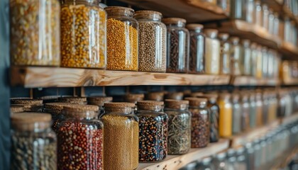 A banner image of a neatly arranged shelf of grain jars in a pantry, with copyspace for text at the top