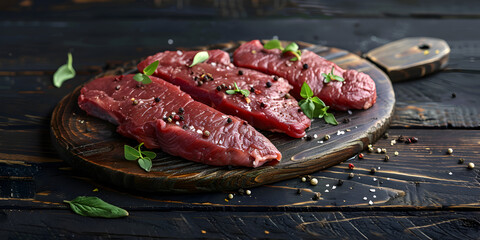 Raw beef steaks with spices and rosemary. meat  wooden board and spices ingredients .