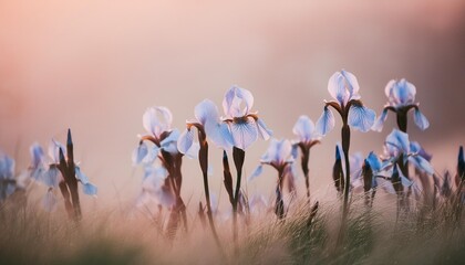 delicate soft pastel blue flowers in the morning mist light blue irises on a wild field in the pink...