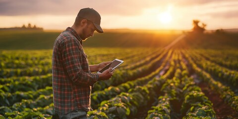 A farmer in a plaid shirt and cap stands in a field, focusing on a tablet with the warm glow of sunset in the background