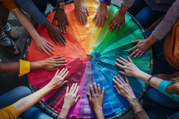 A circle of multicolored hands overlapping each other, depicting diversity, unity, and collaboration