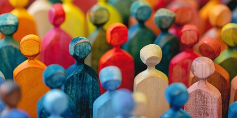A multitude of painted, colored wooden figures standing closely symbolize societal diversity and individuality