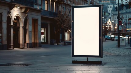 Blank vertical street billboard poster stand on city street at night.