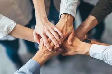 A close-up of a diverse group of people stacking hands as a symbol of teamwork and unity