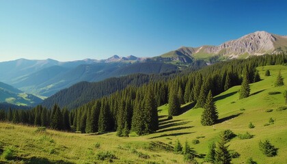 amazing majestic mountain pine trees in the valley green grass on the ground blue sky in the background beautiful panorama view in the sunny day - Powered by Adobe