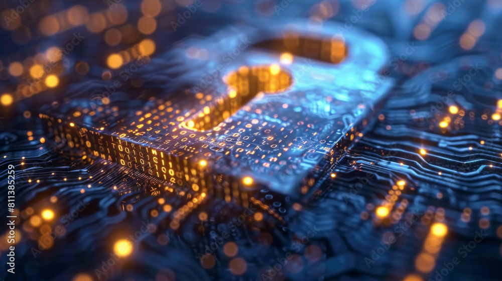 Poster digital security concept showing a glowing blue padlock symbol integrated on an intricate circuit bo