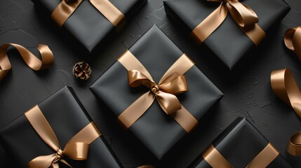 Black gift boxes with golden ribbon on a black background, top view banner for Black Friday sale or special event