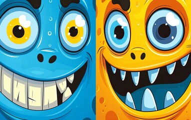 Obraz premium Two cartoon monsters with big eyes and big smiles full of teeth. Imitation of a painted picture. Illustration for banner, poster, cover, brochure or presentation.