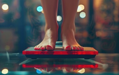 Feet with red toenails on a digital bathroom scale.