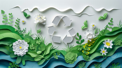 Creative paper cut art of a lush green landscape featuring a recycling symbol, promoting ecology.