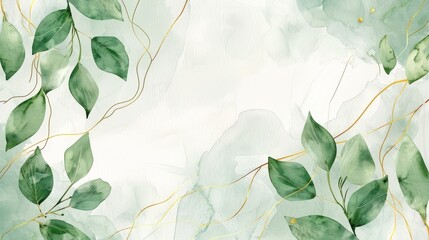watercolor green leaves and gold lines